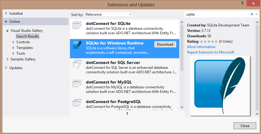 Visual Studio Extensions dialog