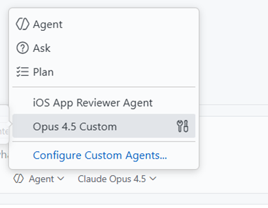 VS Code Custom Agent selection Screenshot of choosing a custom agent in VS Code