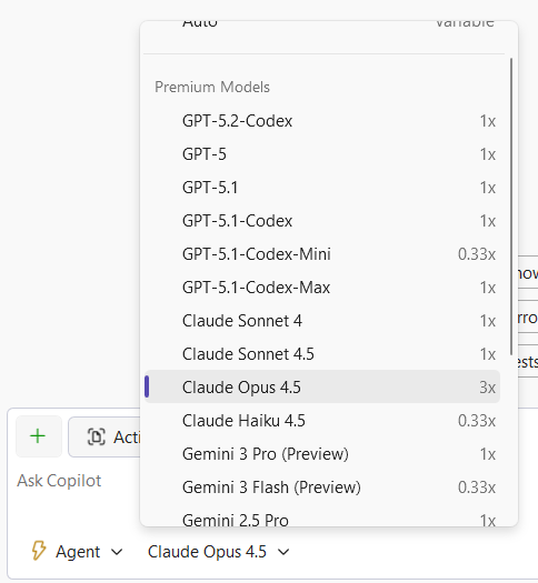 AI Model Selection in Visual Studio Screenshot of model selection in Visual Studio