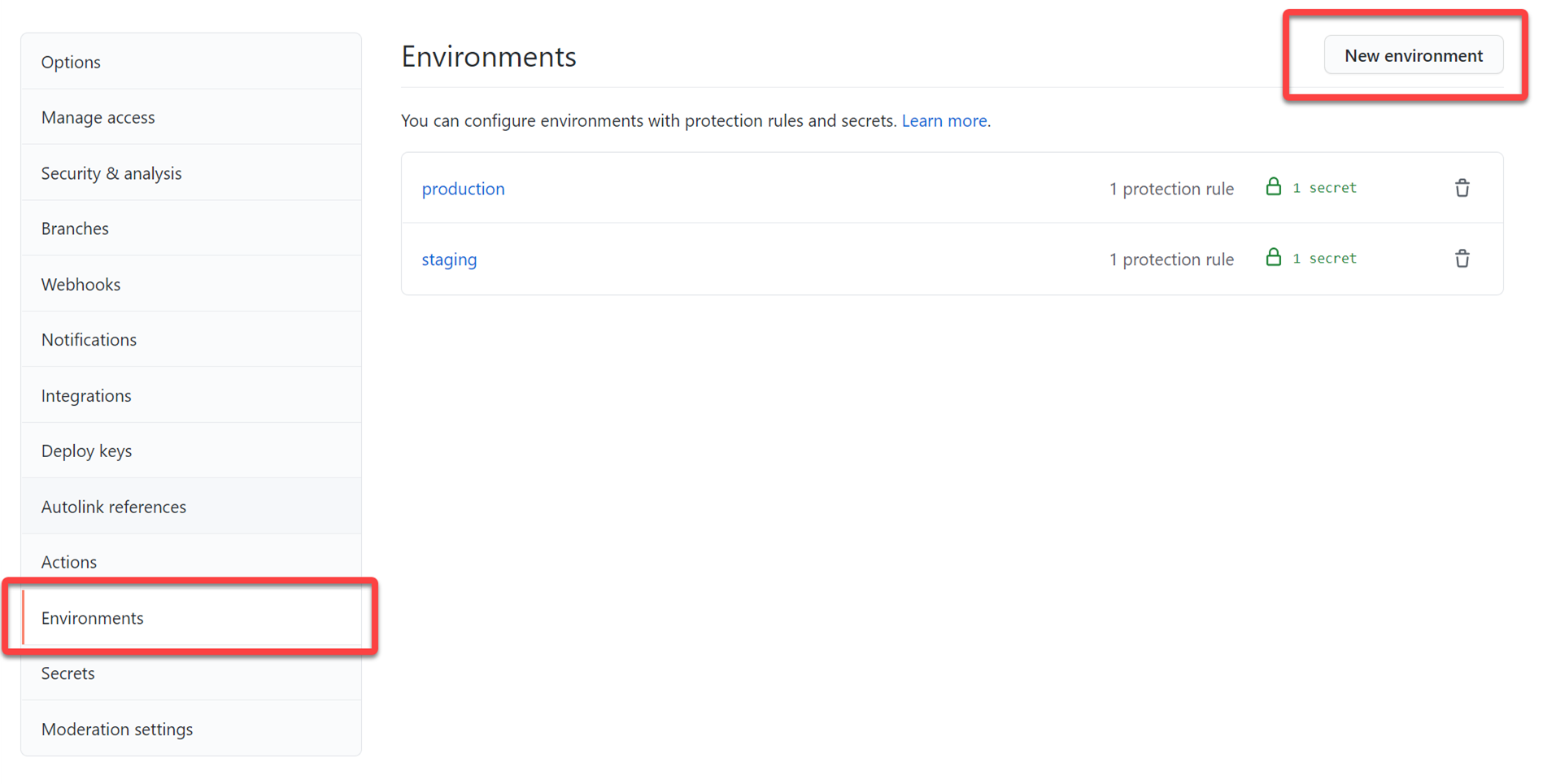 Screenshot of environment config