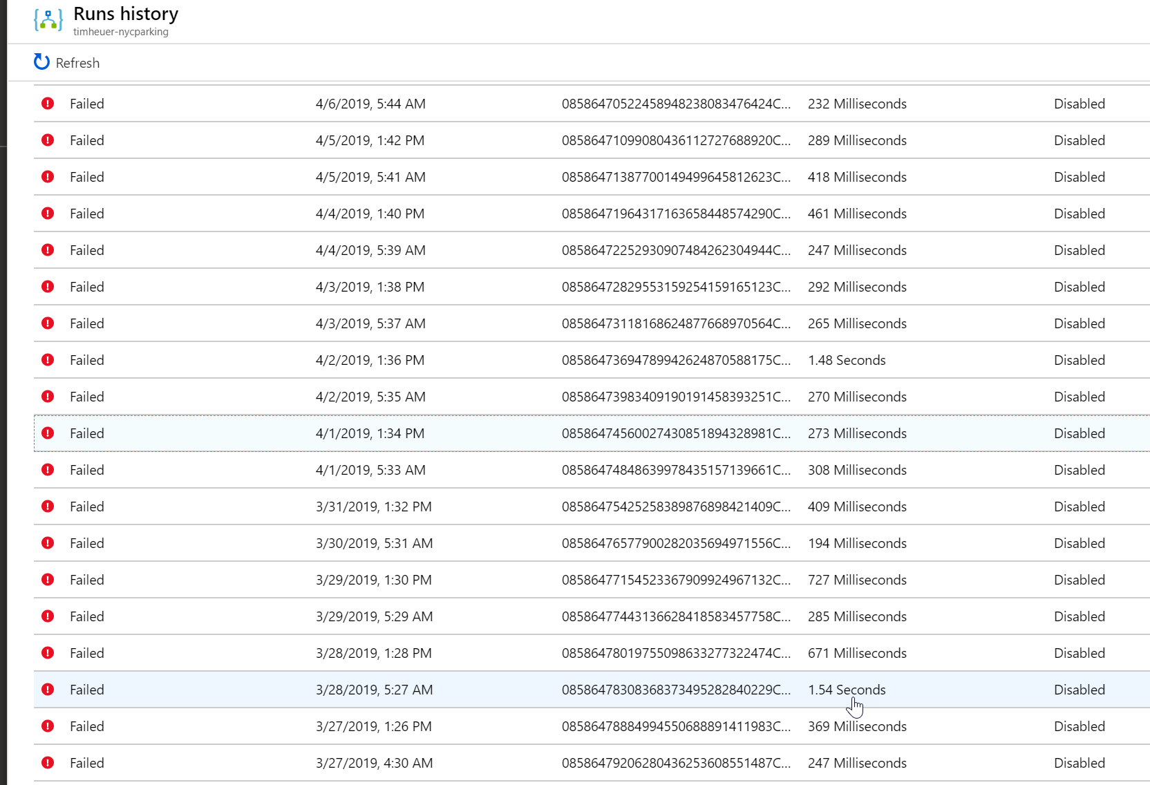 Screenshot of Azure log files