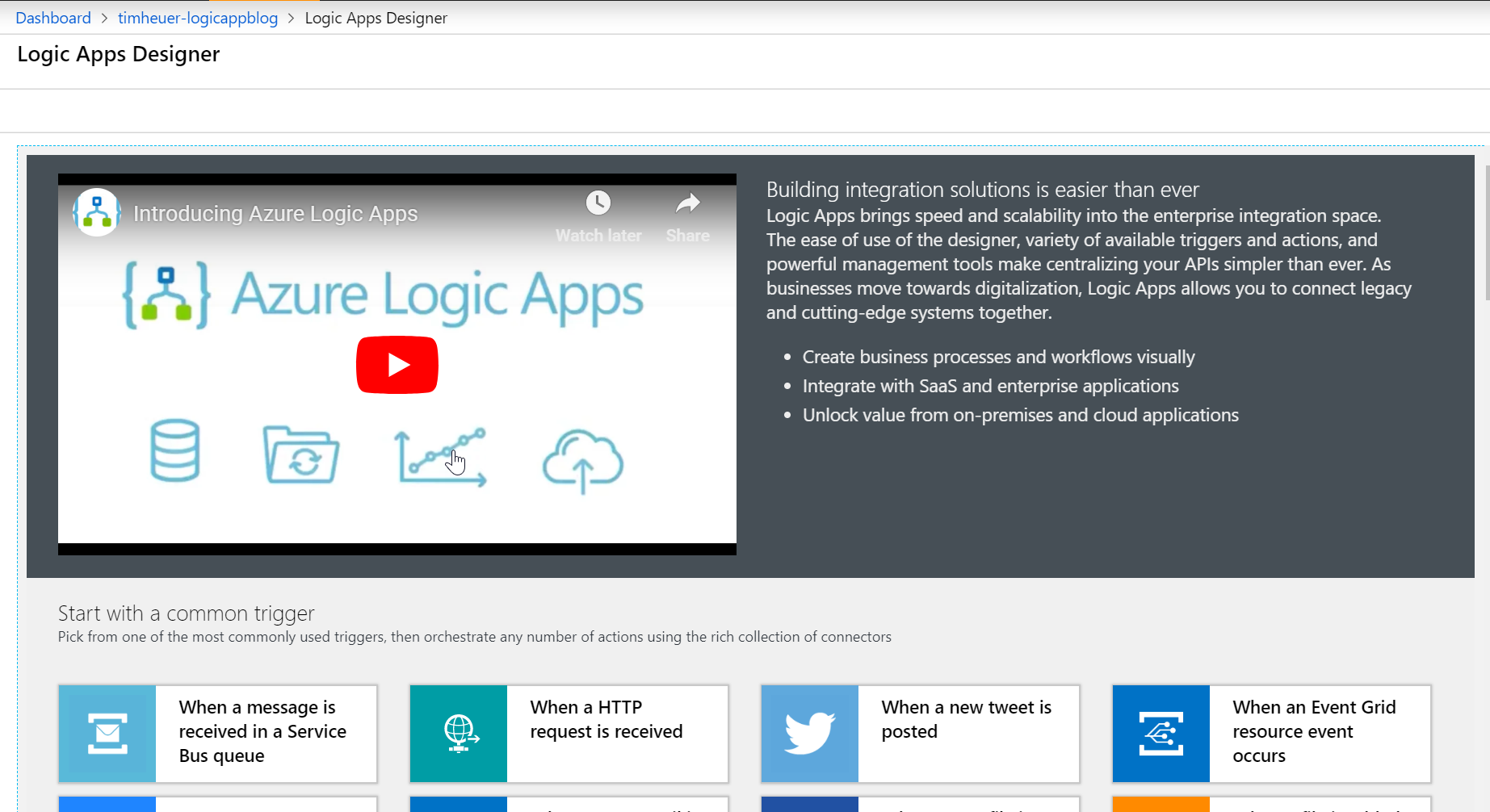 Screenshot of Azure Portal Logic App creation