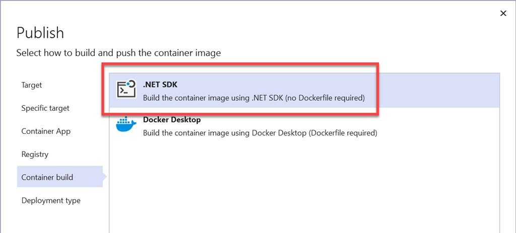 Publish with .NET SDK selection Publish with .NET SDK selection