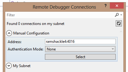 Remote Debugger connections window