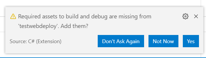 Screenshot of Visual Studio Code dialog requesting to add assets