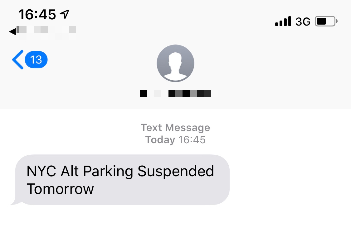 Screenshot of SMS text message stating 'NYC Alt Parking Suspended Tomorrow'