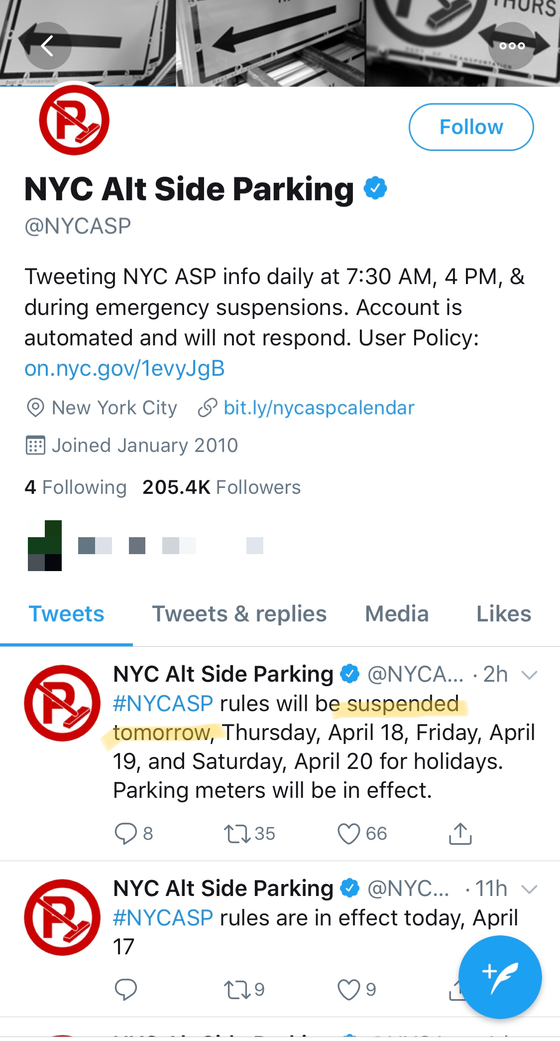 Screenshot of Twitter account for NYCASP