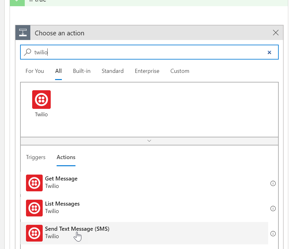 Screenshot of Twilio search for connector
